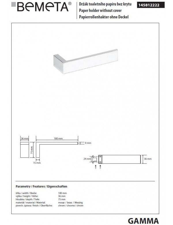 Porta carta igienica da parete GAMMA in ottone cromato 18 x7,5 x3,6 cm