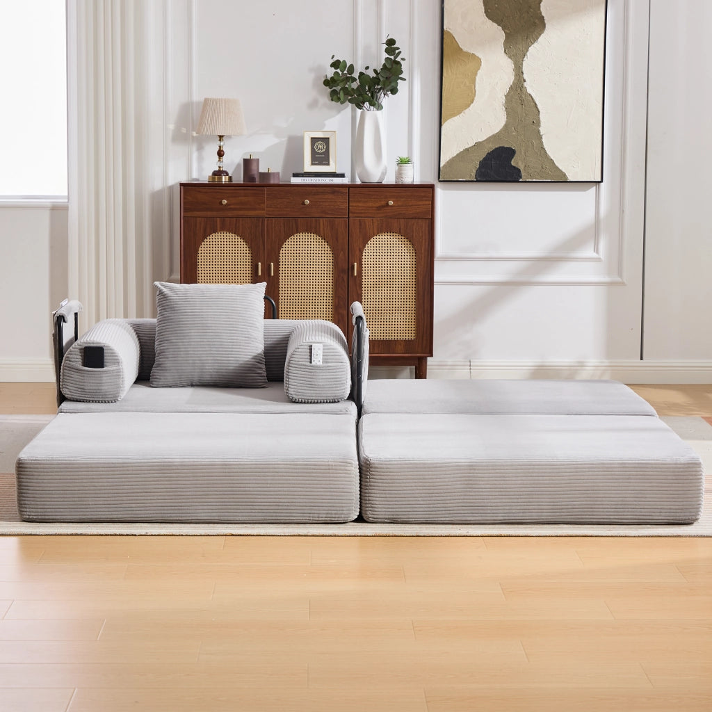 Divano modulare con cuscino e tasca laterale, design ergonomico per soggiorno, in velluto a coste grigio chiaro