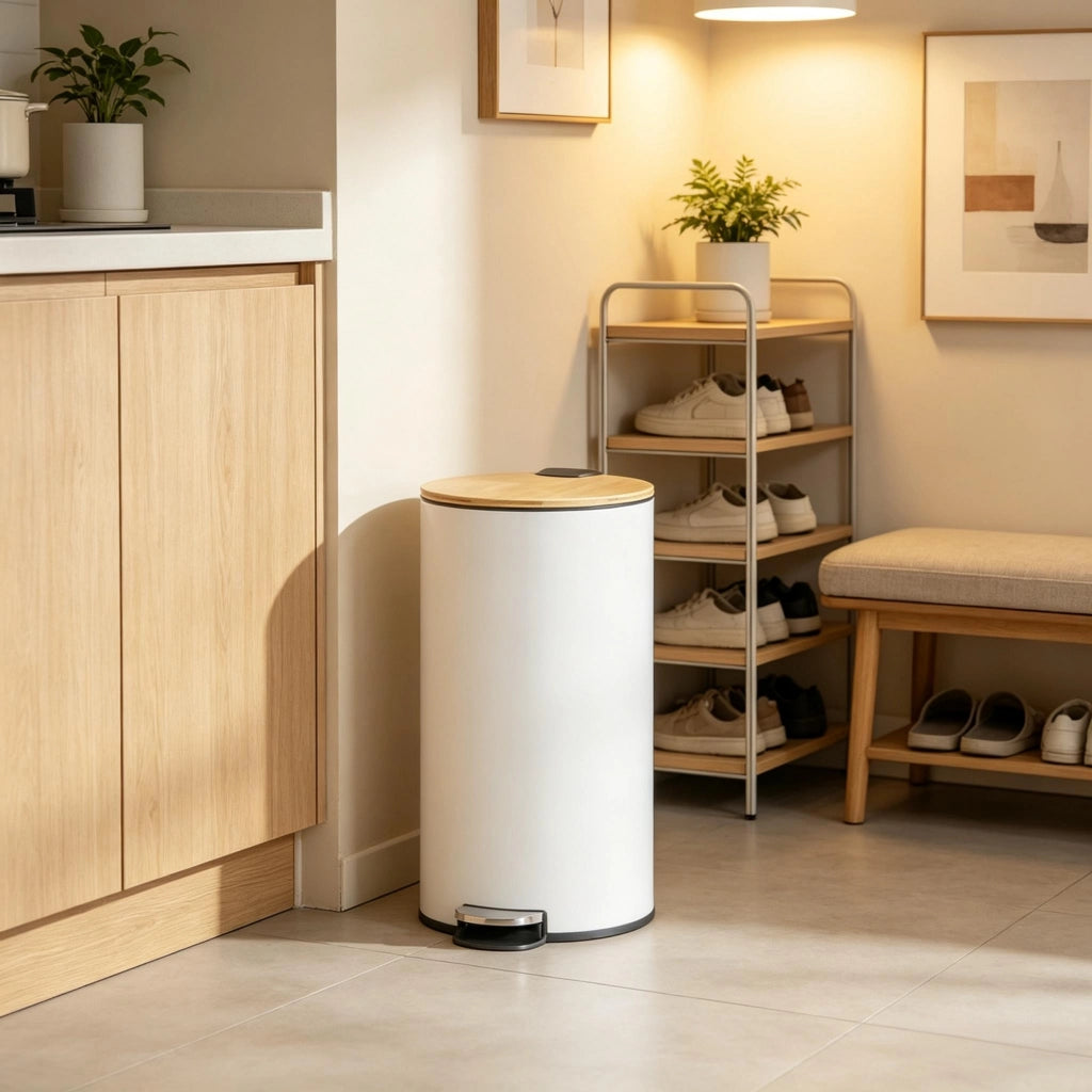 Pattumiera da cucina da 30 litri, con pedale, contenitore interno removibile e coperchio con chiusura ammortizzata.