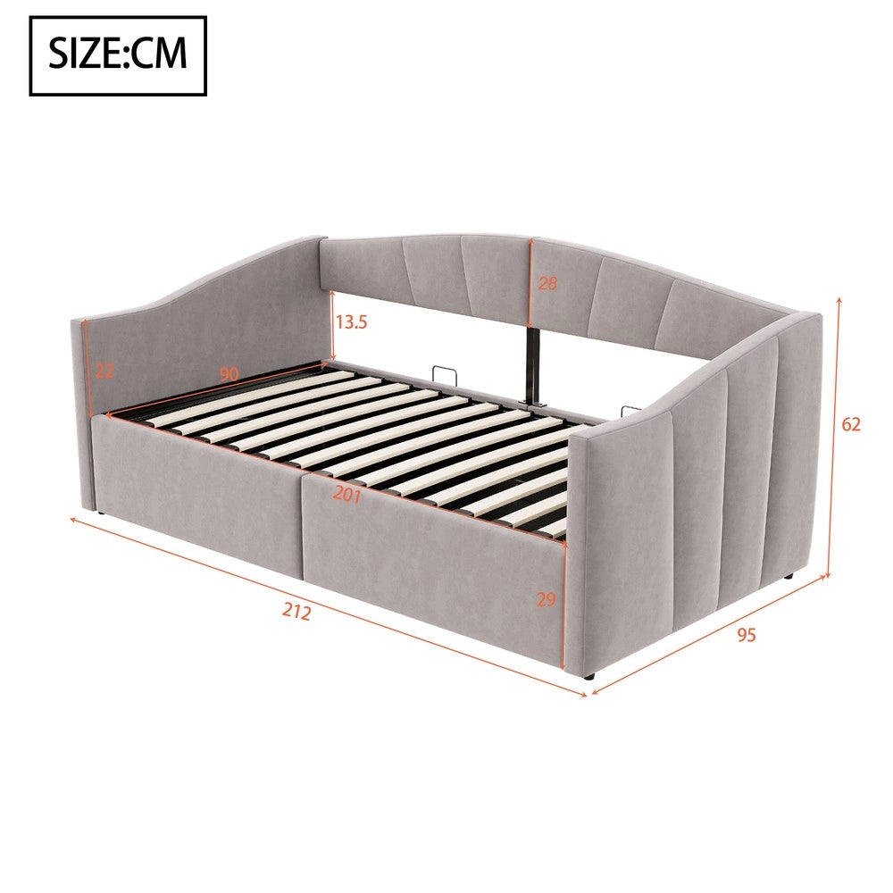 Letto Singolo Imbottito Contenitore ¨C MINIMAL ¨C Velluto Grigio Chiaro, Rete a Doghe, Idraulico, 90x200 cm