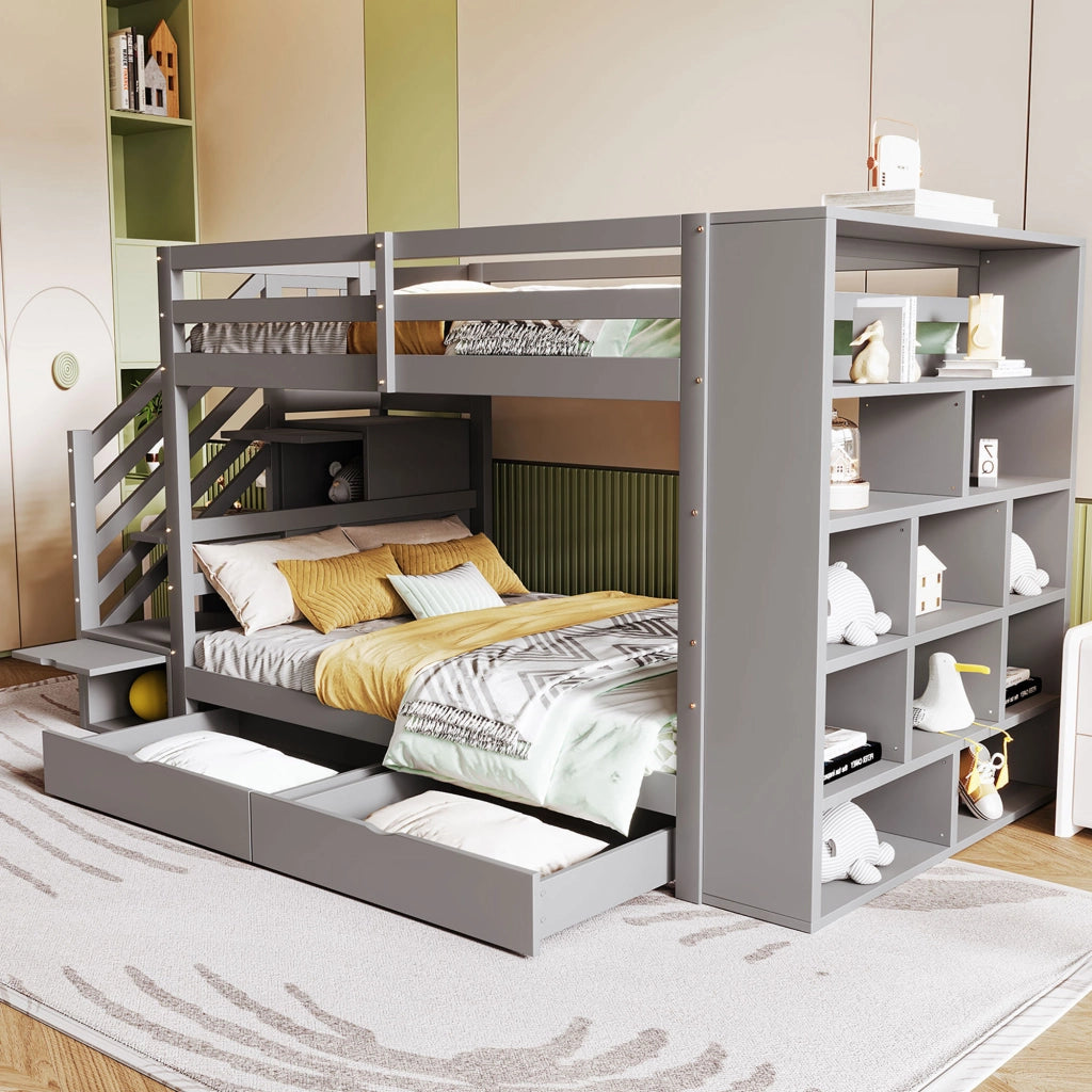 LETTO A CASTELLO 90x200 cm in Legno Grigio con Scala Contenitore e Cassetti