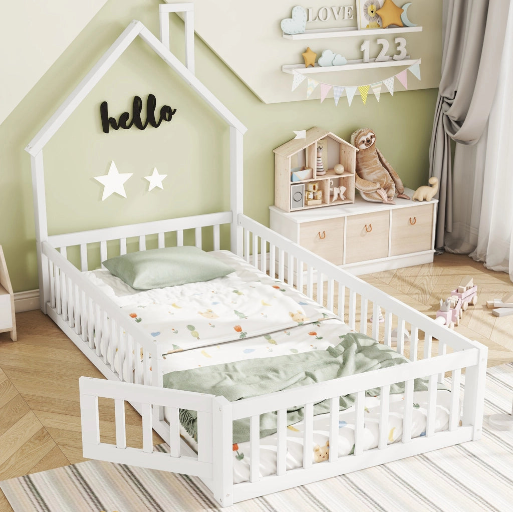 Letto a casetta 90x200 cm con design camino; legno e MDF; bianco (Senza materasso)