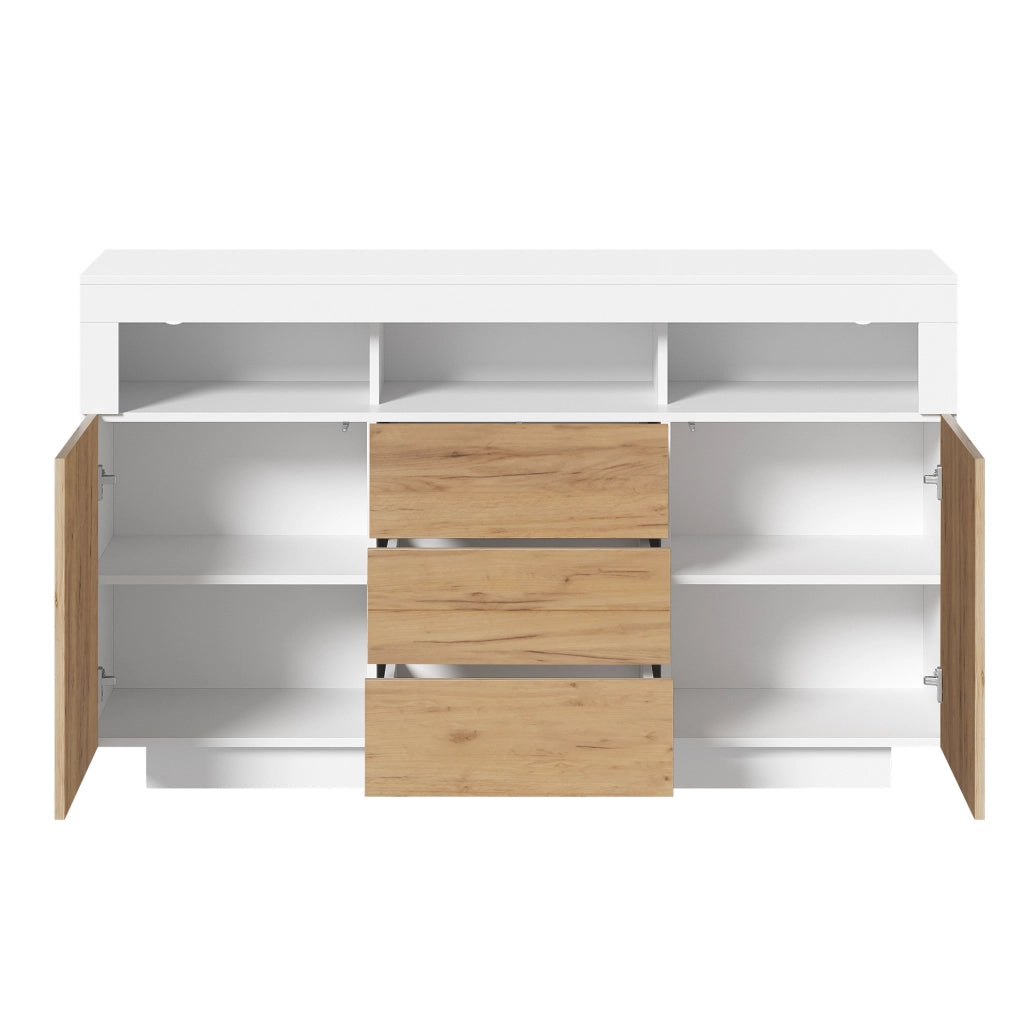 Credenza 140x40x85 cm con 3 cassetti; 2 ante e 3 vani aperti; bianco e naturale
