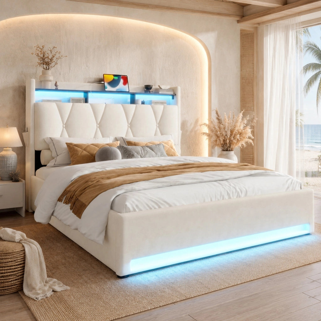 Letto matrimoniale 140x200 cm in velluto beige con contenitore, luci e ricarica integrata
