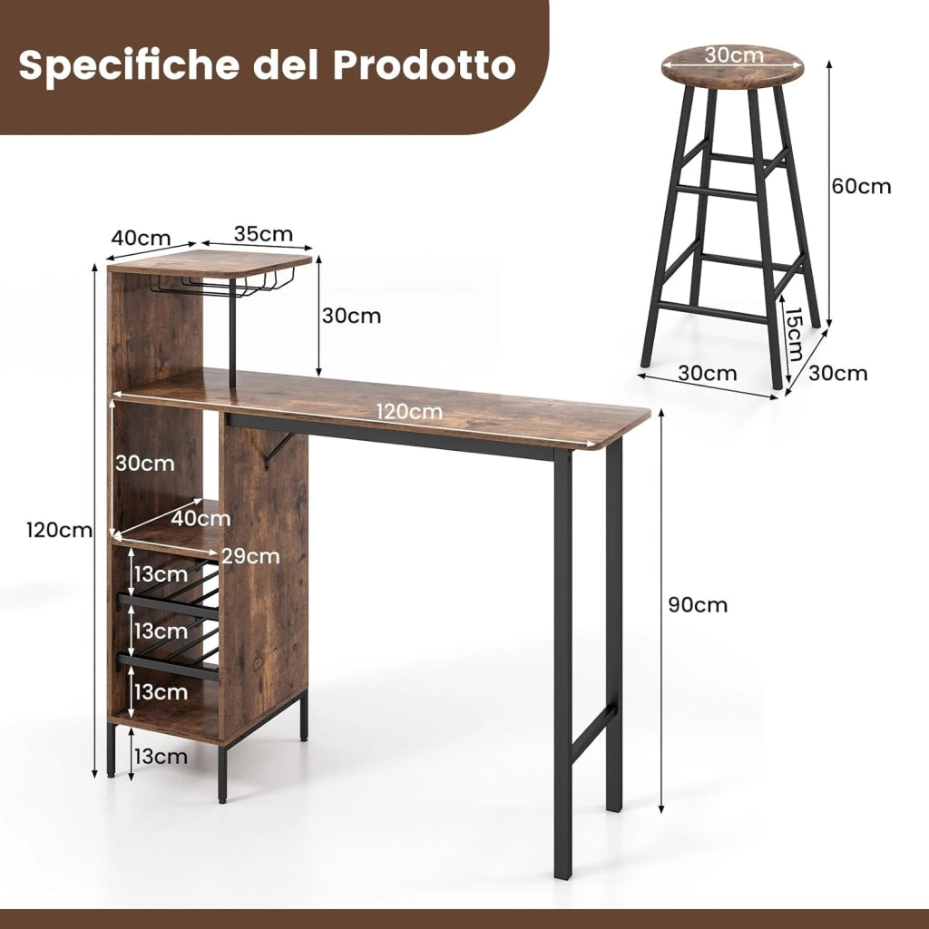 Set 3 Pezzi Tavolo e Sedie da Bar, Tavolo e Sgabelli da Pub Industriale con Porta Calici e 6 Portabottiglie da Vino, Set di Tavolo per Sala da Pranzo, Ristorante e Bar (Caffè)