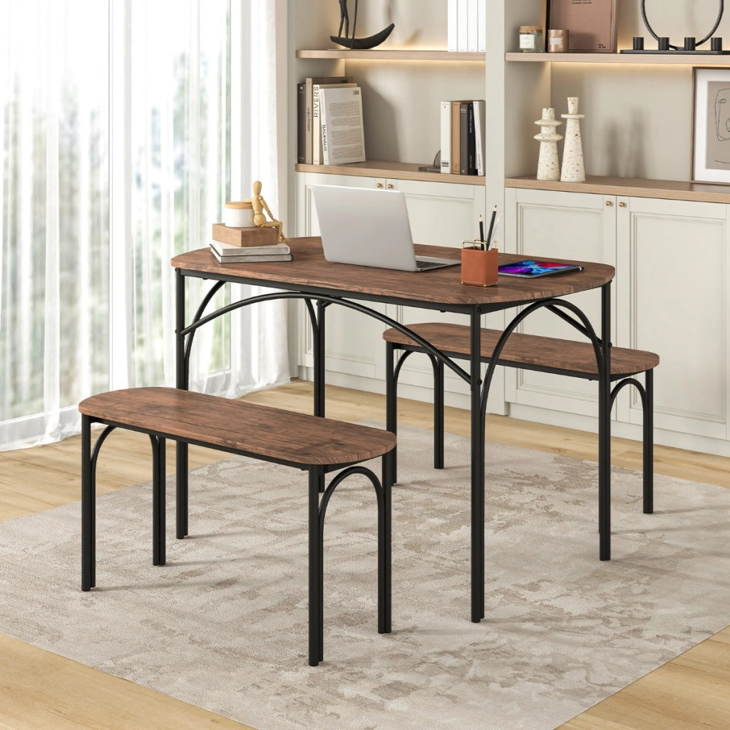 Set da pranzo 3 pezzi per 4 persone, Tavolo rettangolare in legno da 120cm e 2 panche con struttura in metallo Marrone-Tavoli e sedie da pranzo