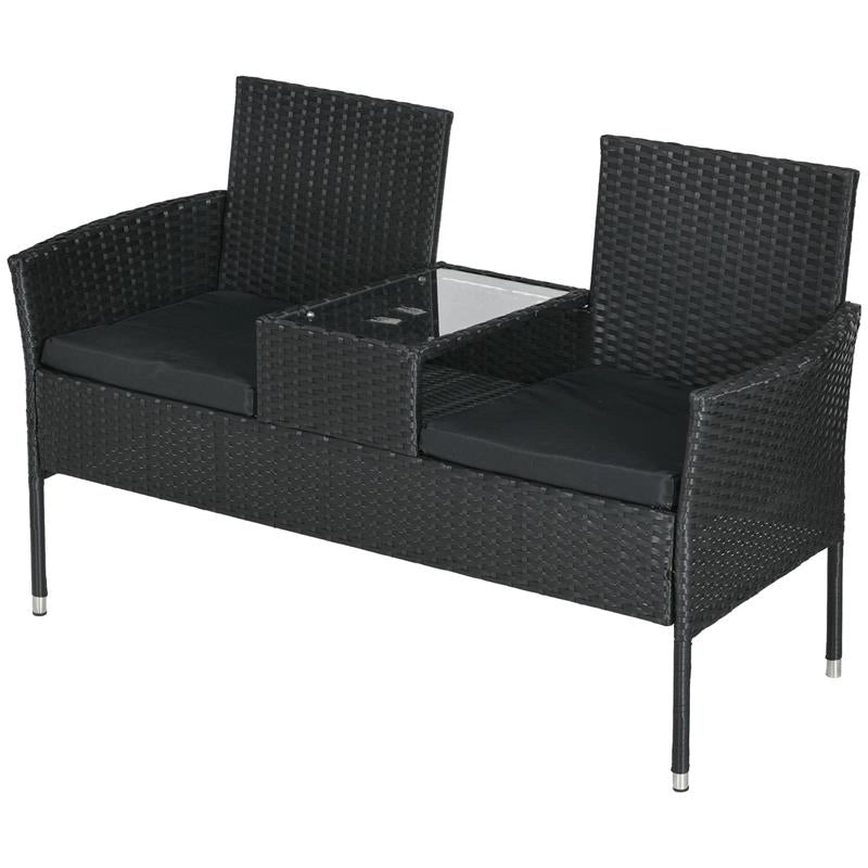 DIVANETTO PER ESTERNI 2 POSTI CON TAVOLINO DA CAFFÈ IN ACCIAIO E RATTAN PE 137X59X82 CM NERO