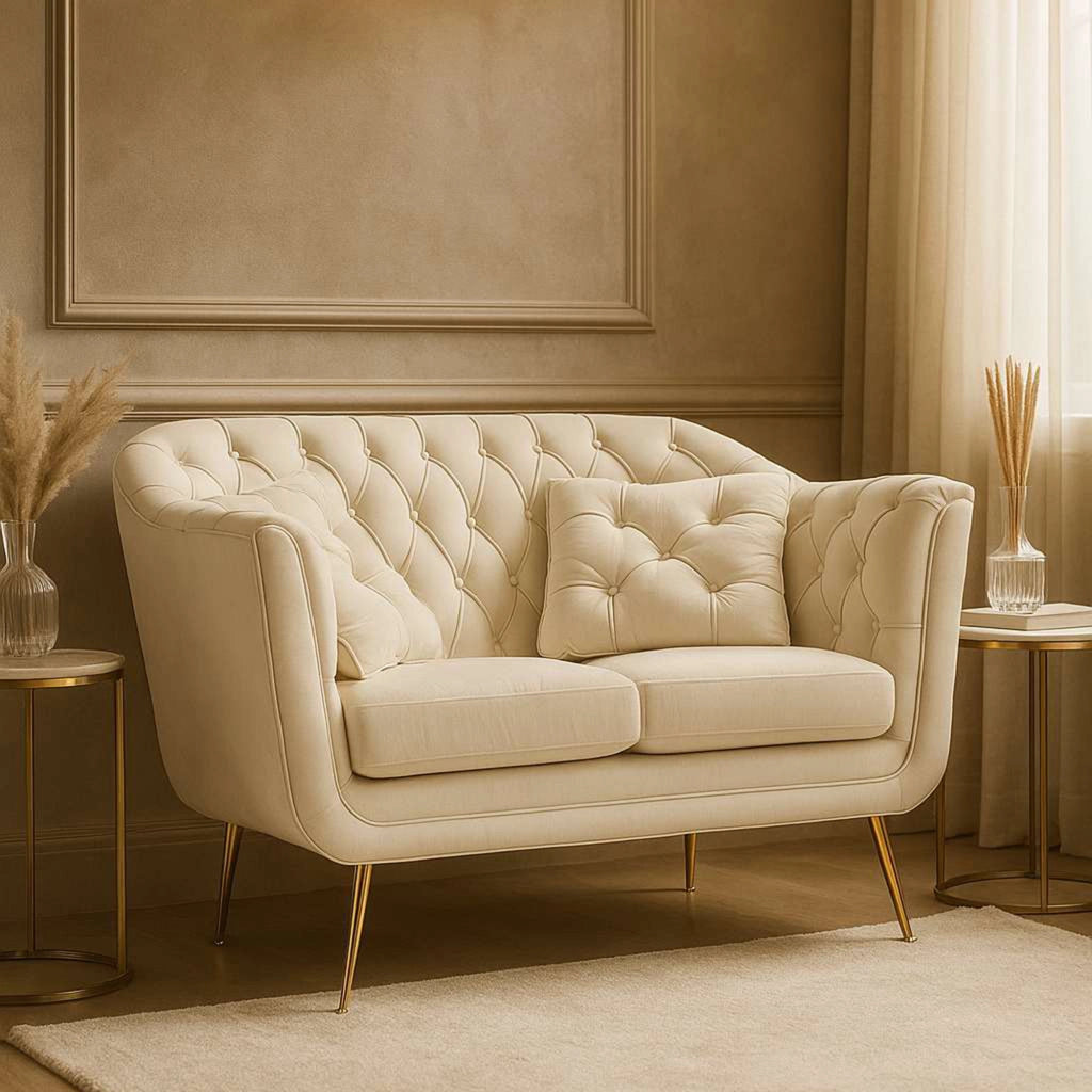 Diskit, Divano Fisso 2 Posti Effetto Velluto Trapuntato, 130x83x91h cm Bianco Crema