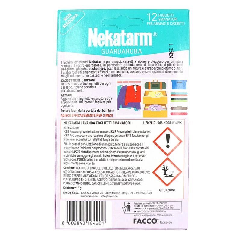 NEKATARM FOGLIETTI EMANATORI PROFUMO LAVANDA PROTEGGE LA LANA E GLI INDUMENTI 12PZ
