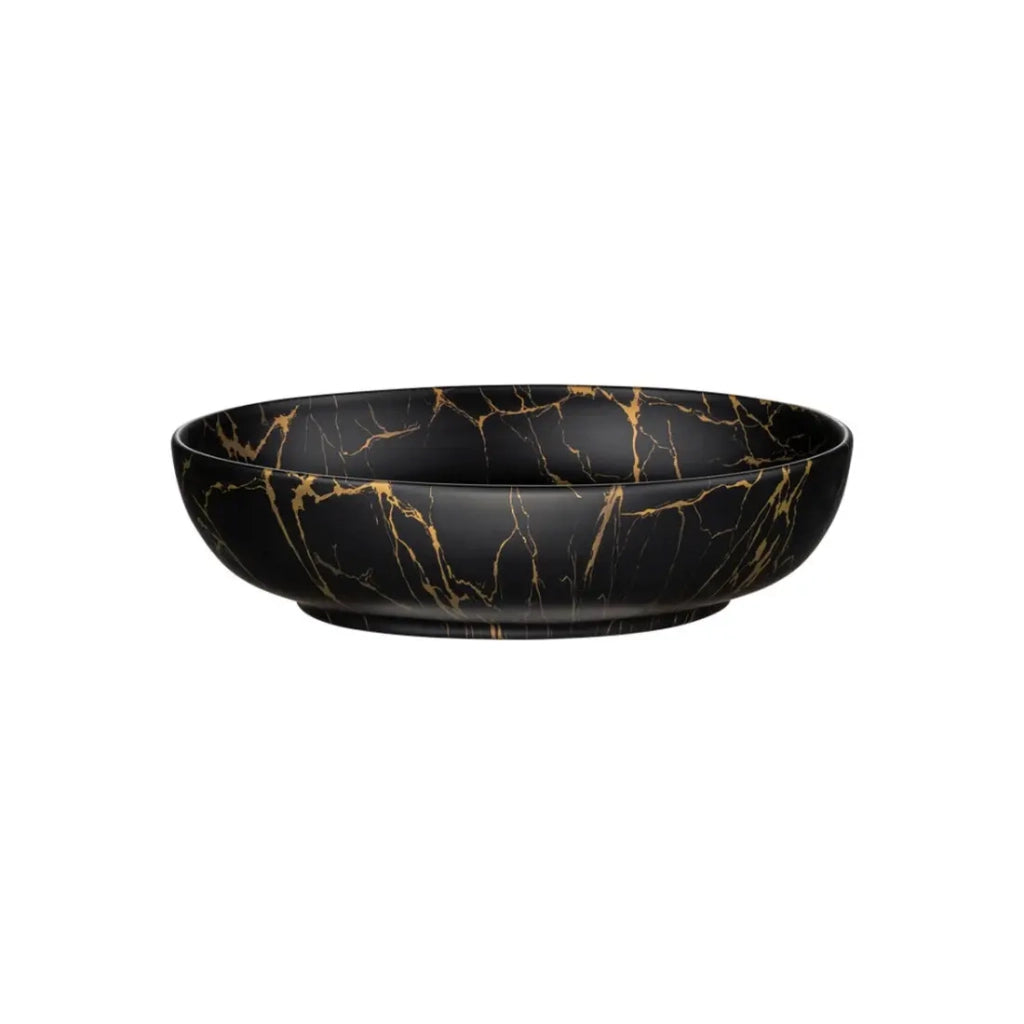Lavabo da appoggio ovale 52x39,5 cm nero e dorato effetto marmo con piletta click clack