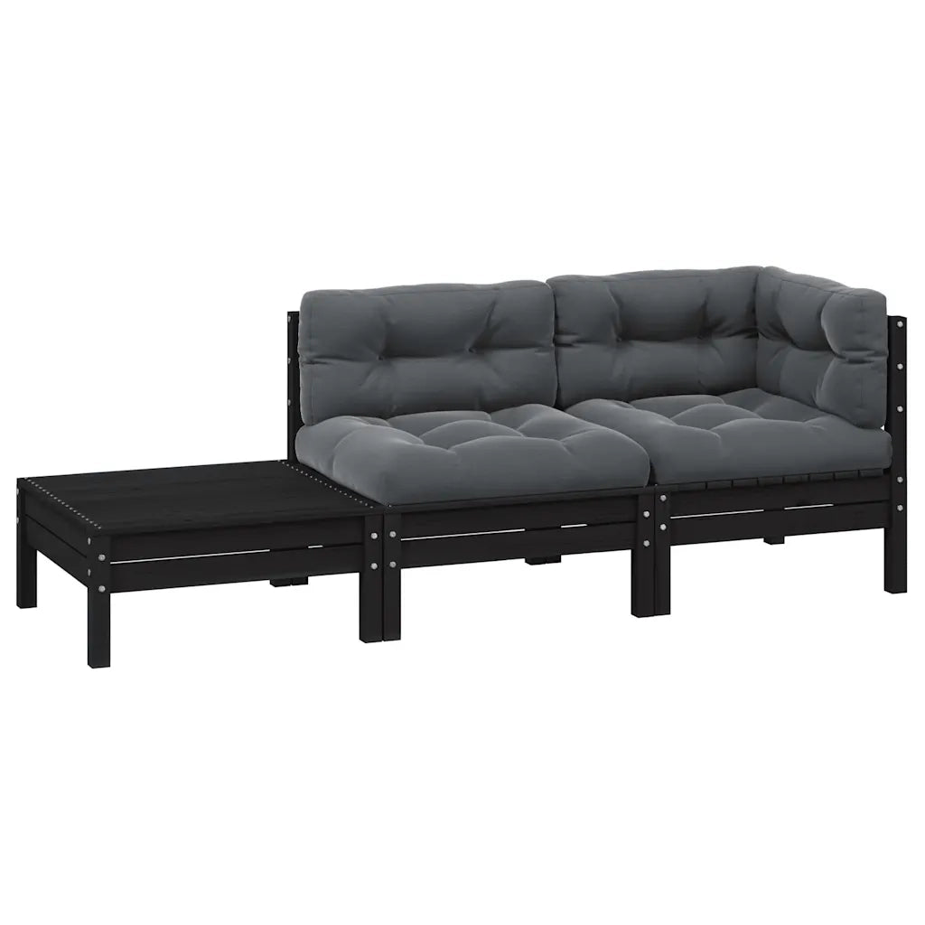 Set Divani da Giardino 3 pz | Set Salotto da Giardino con Cuscini Neri Massello di Pino