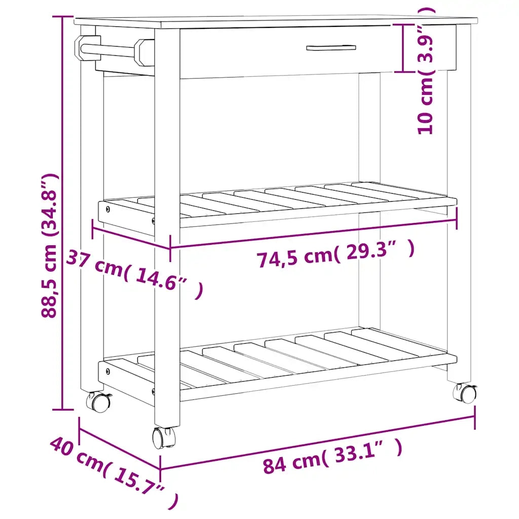 Carrello da Cucina MONZA 84x40x88,5 cm in Legno Massello di Pino 376102