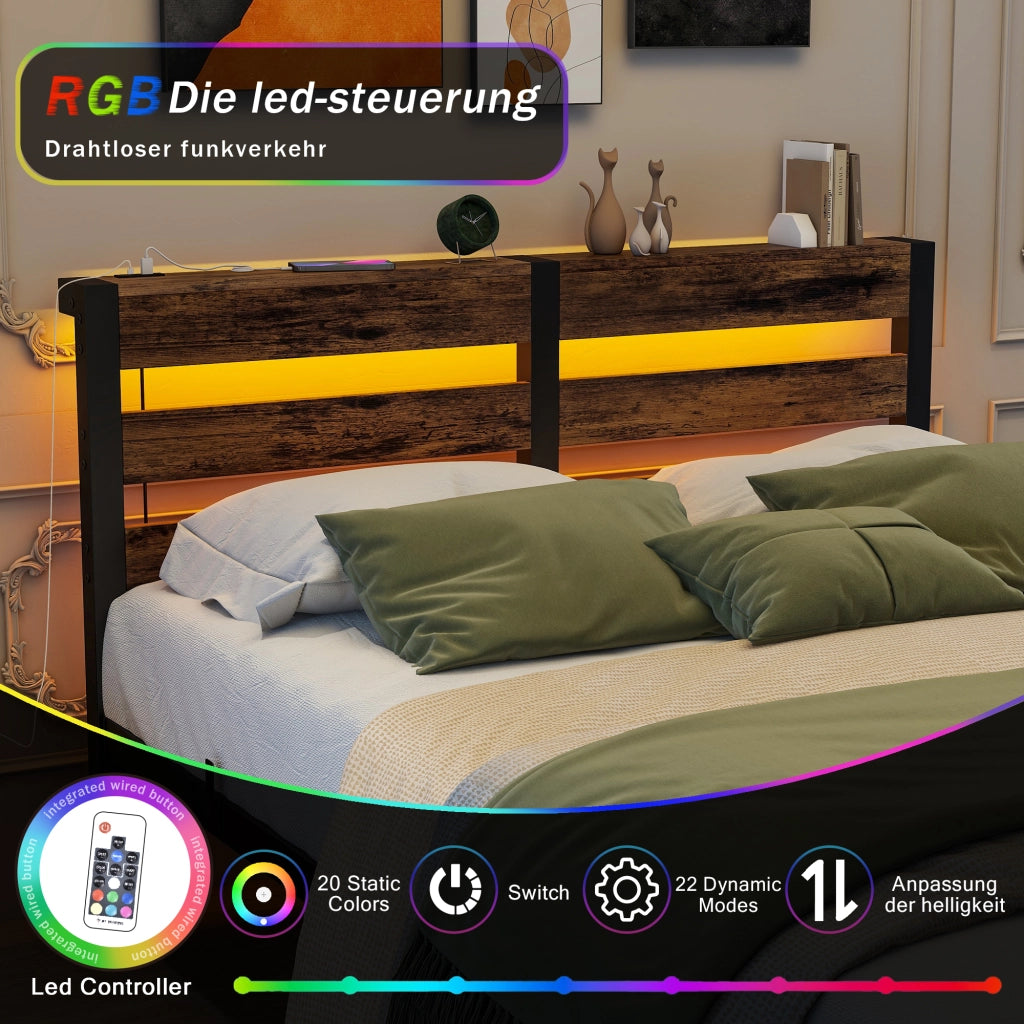 Letto una piazza e mezza 120×200 cm con LED; 2 USB e ripiano testiera; senza materasso; metallo e legno; nero marrone