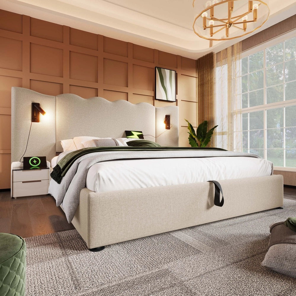 Letto Imbottito Contenitore Matrimoniale con LED e USB ¨C MINIMAL ¨C Beige, Tessuto, Legno Massello e Metallo, 160x200