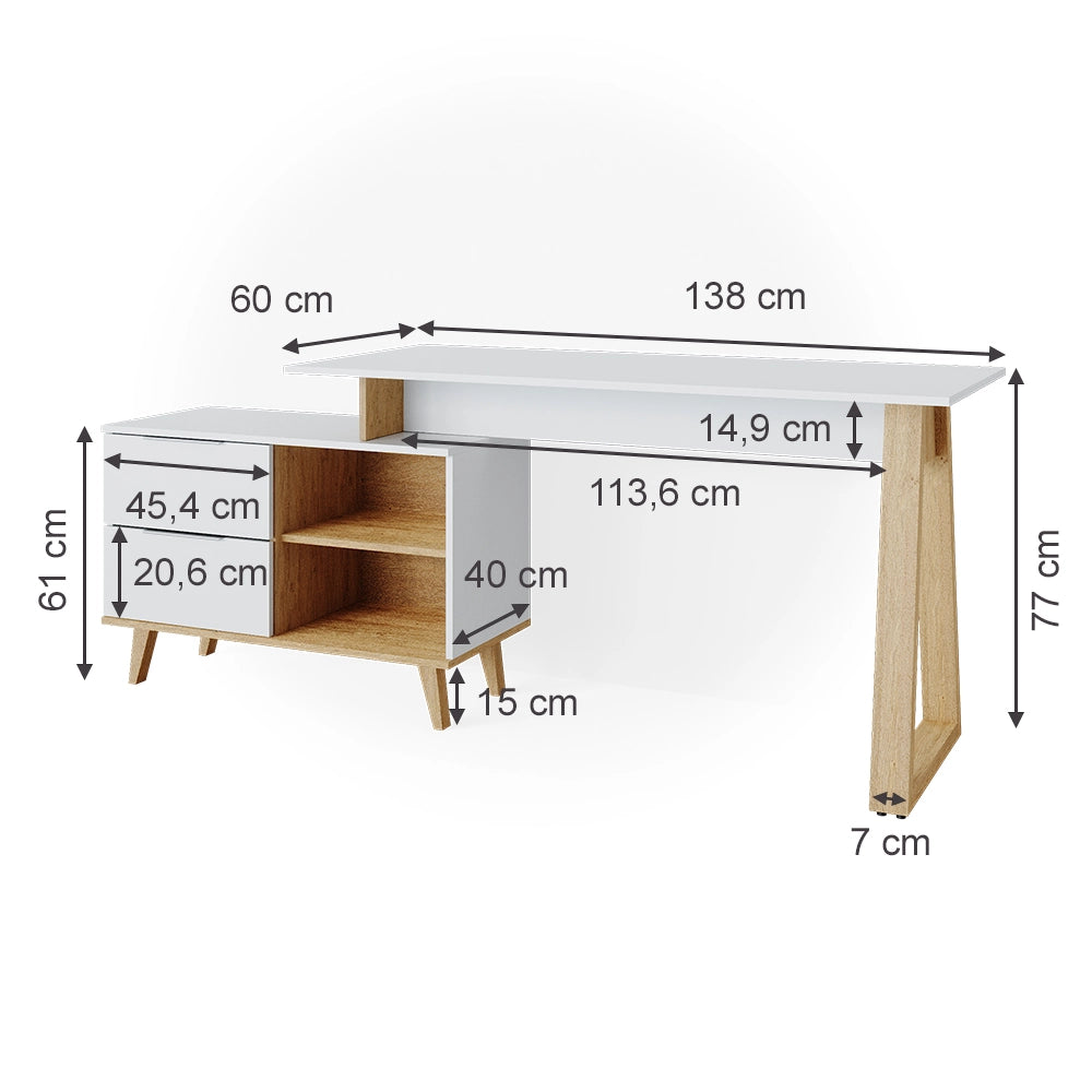 Vicco Scrivania Bianco 138 x 60 cm con cassetti XL