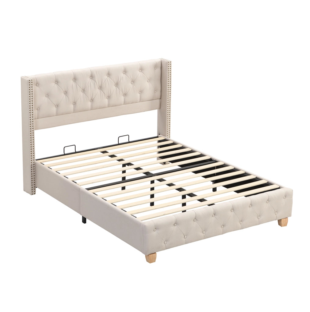 Letto imbottito 140x190 cm capitonn茅 con testiera e pediera in lino beige (Senza materasso)