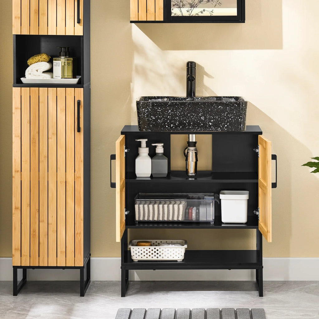 SoBuy Mobile Sottolavabo Bagno 60 cm Mobiletto Salvaspazio con Ante in Bambù e Piedini in Metallo Armadietto Moderno Sotto Lavabo per Bagno Piccolo BZR202-SCH