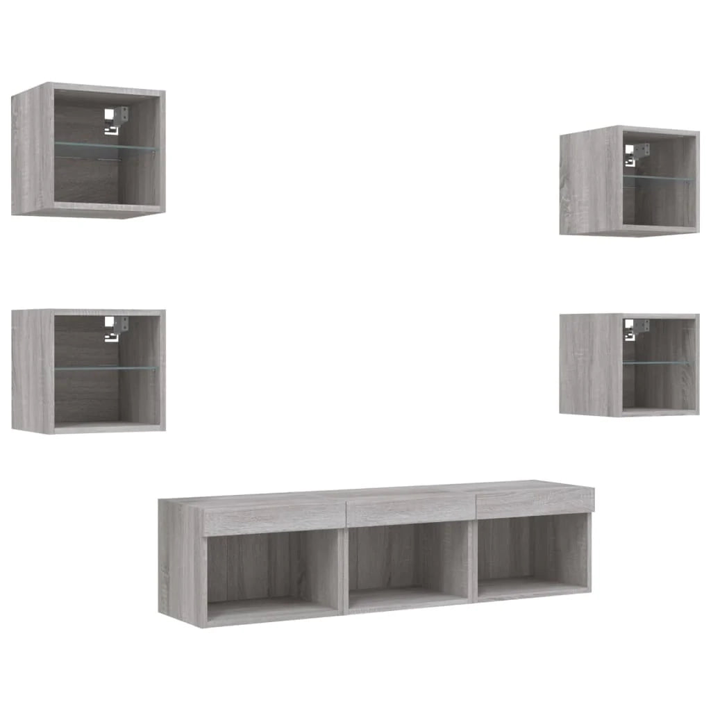 Mobile TV multimediale scaffale TV credenza mobile TV sala da pranzo soggiorno camera da letto con illuminazione a LED 7 pezzi legno ingegnerizzato Sonoma grigio 02_0029471