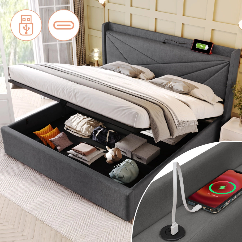 Letto matrimoniale contenitore 160x200 cm con testiera USB e Type-C in lino di cotone grigio; con materasso