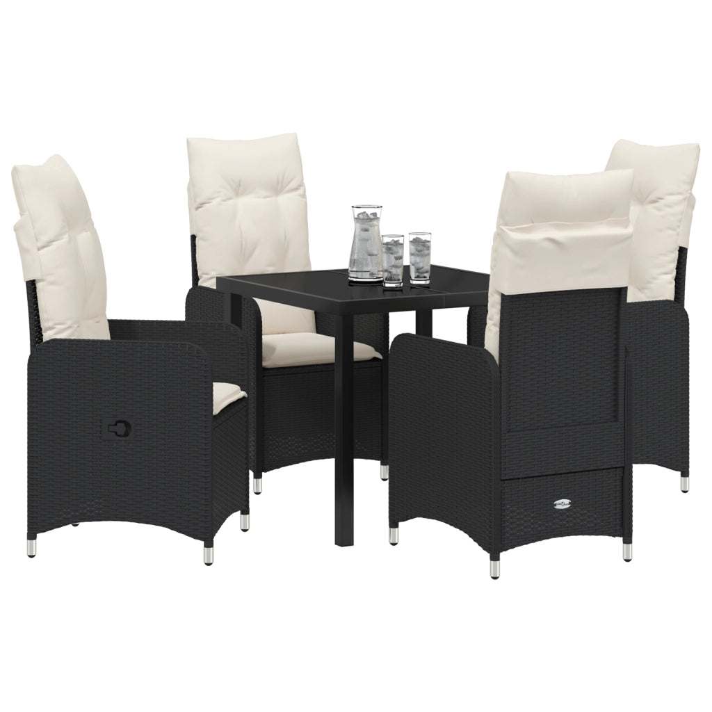 Set da pranzo da giardino 5 pezzi con cuscini neri in polyrattan