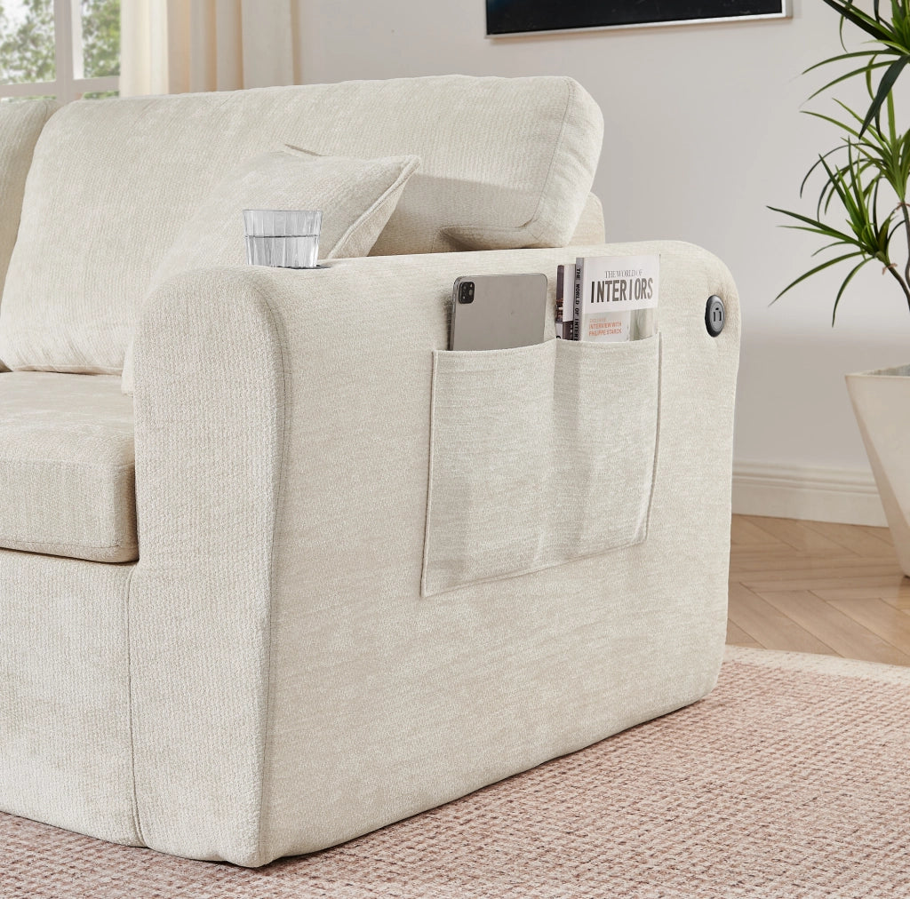 Divano 2 posti relax in chenille con USB; tasche laterali e portabicchieri; beige