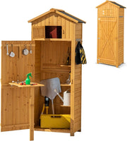 Casetta da Giardino in legno, Capanno per Attrezzi Multifunzione, Armadietto da Giardino con Tetto a 2 Falde, Scaffale, Tavolo Pieghevole, 65 x 42 x 180,5 cm, Colore Naturale
