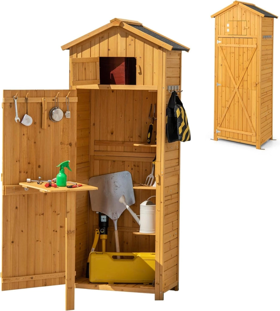 Casetta da Giardino in legno, Capanno per Attrezzi Multifunzione, Armadietto da Giardino con Tetto a 2 Falde, Scaffale, Tavolo Pieghevole, 65 x 42 x 180,5 cm, Colore Naturale