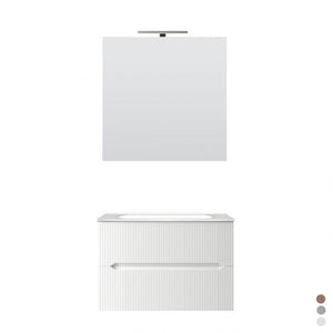 Mobile Bagno Sospeso Completo di Lavabo in Ceramica Specchio Lampada Led Bianco Opaco Cannettato - Misura 70 cm