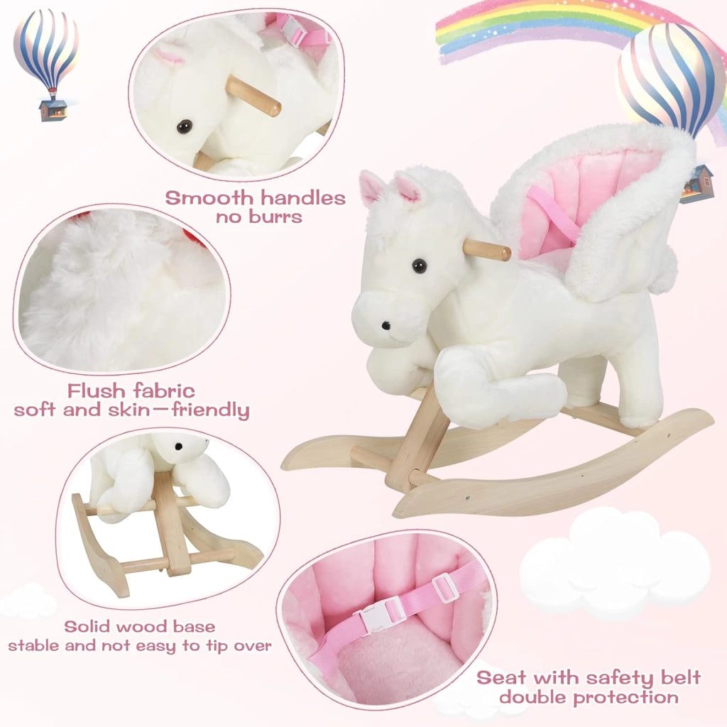 Cavallo a Dondolo in Legno Cavalluccio per Bambini Peluche Giocattolo Cavalcabile con Suoni e Cintura di Sicurezza Regalo Bimbi 1/2/3 Anni, Bianco e Rosa