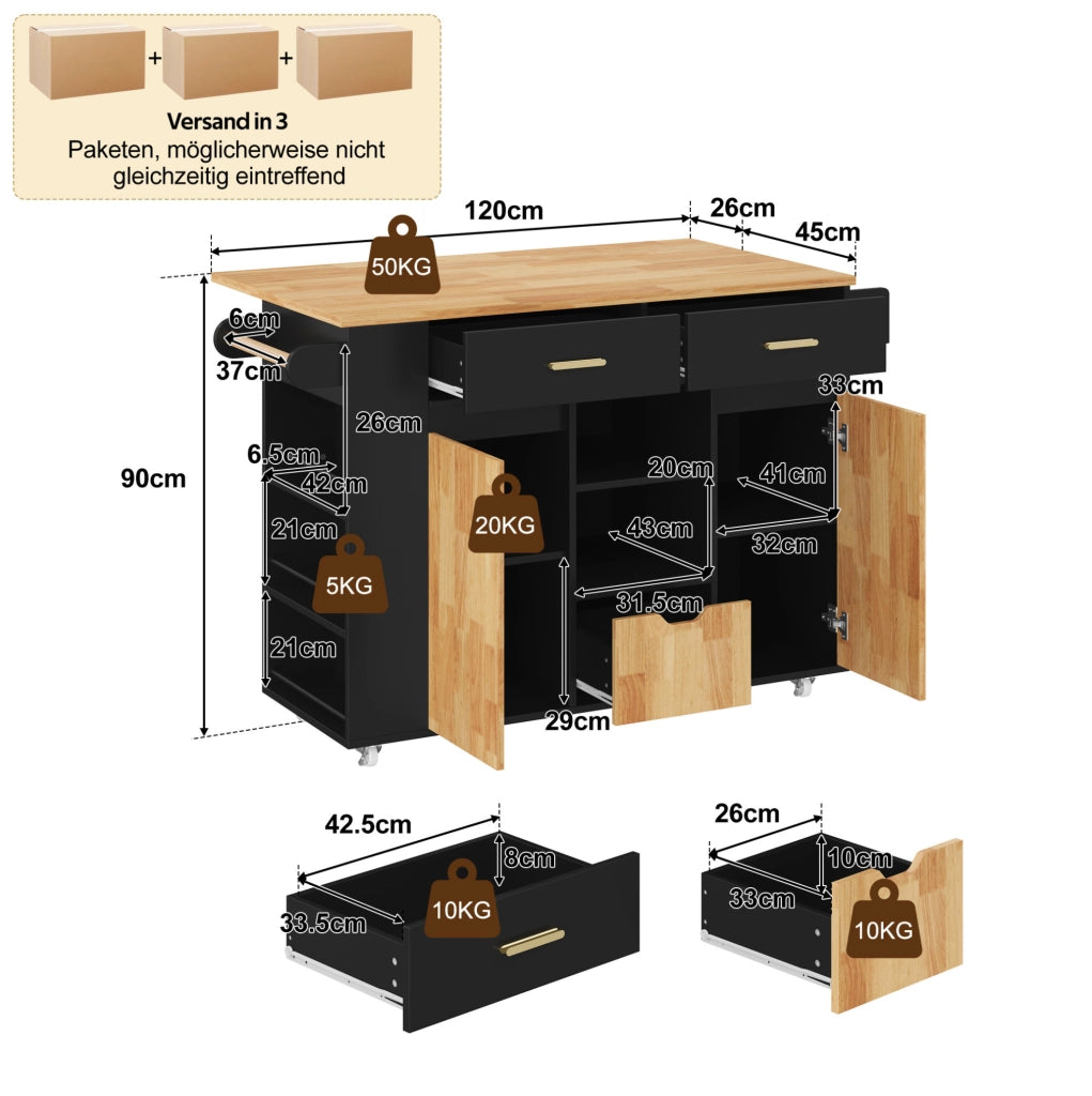 Isola cucina mobile con piano ribaltabile e cassetti
