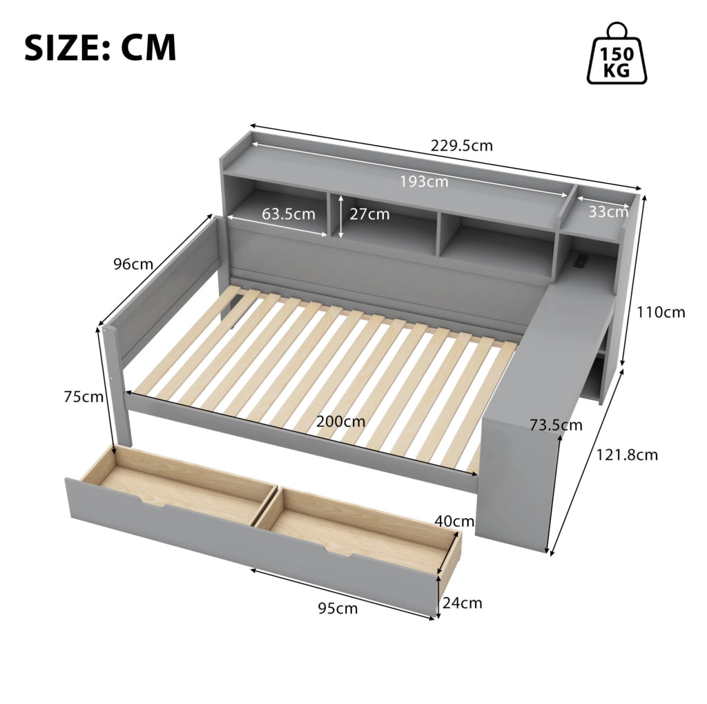 Letto singolo 90x200 cm con scrivania, USB e 2 cassetti grigio