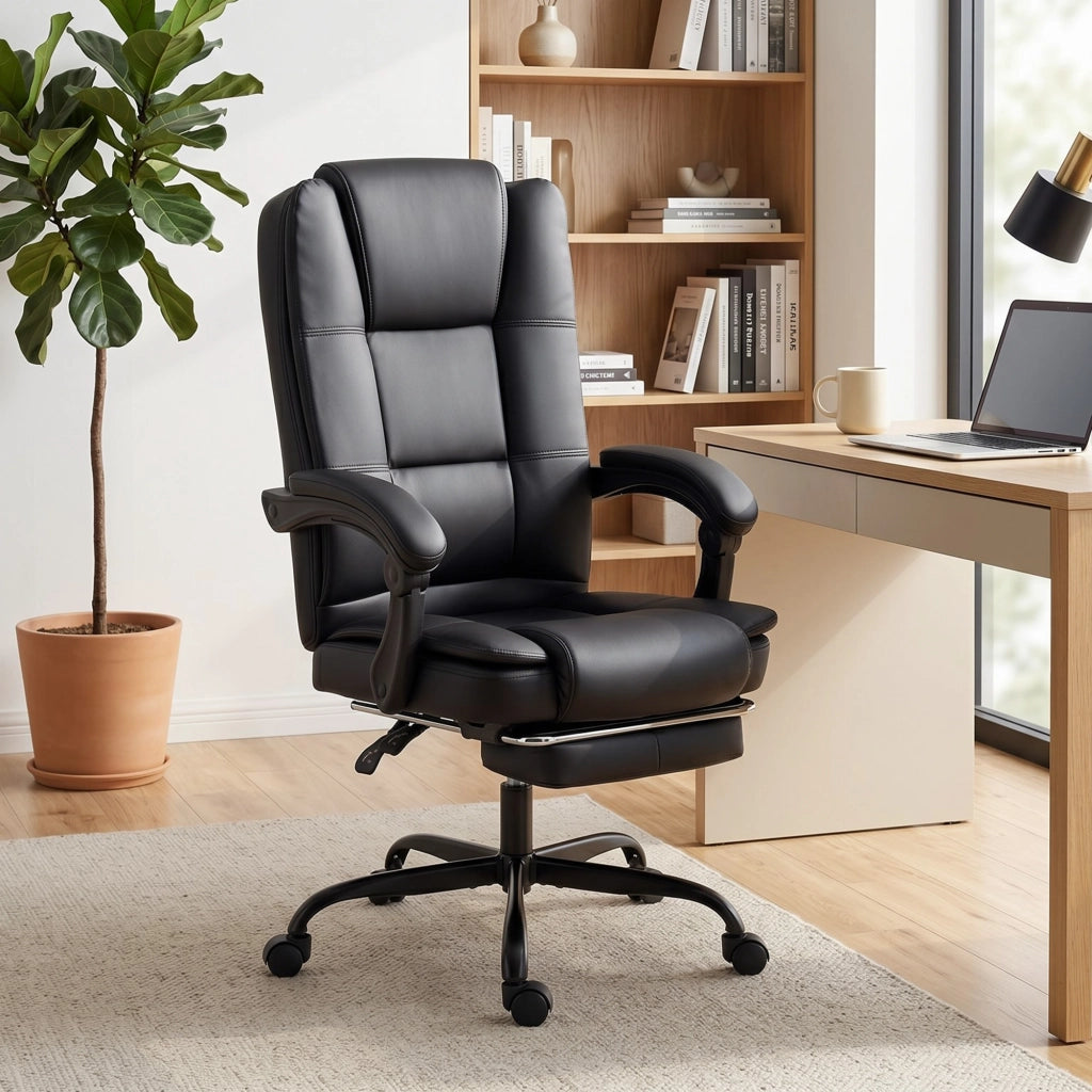 Sedia da Ufficio Ergonomica 65x67x112-122 cm Reclinabile 150° con Poggiapiedi in Cotone e Metallo Nero