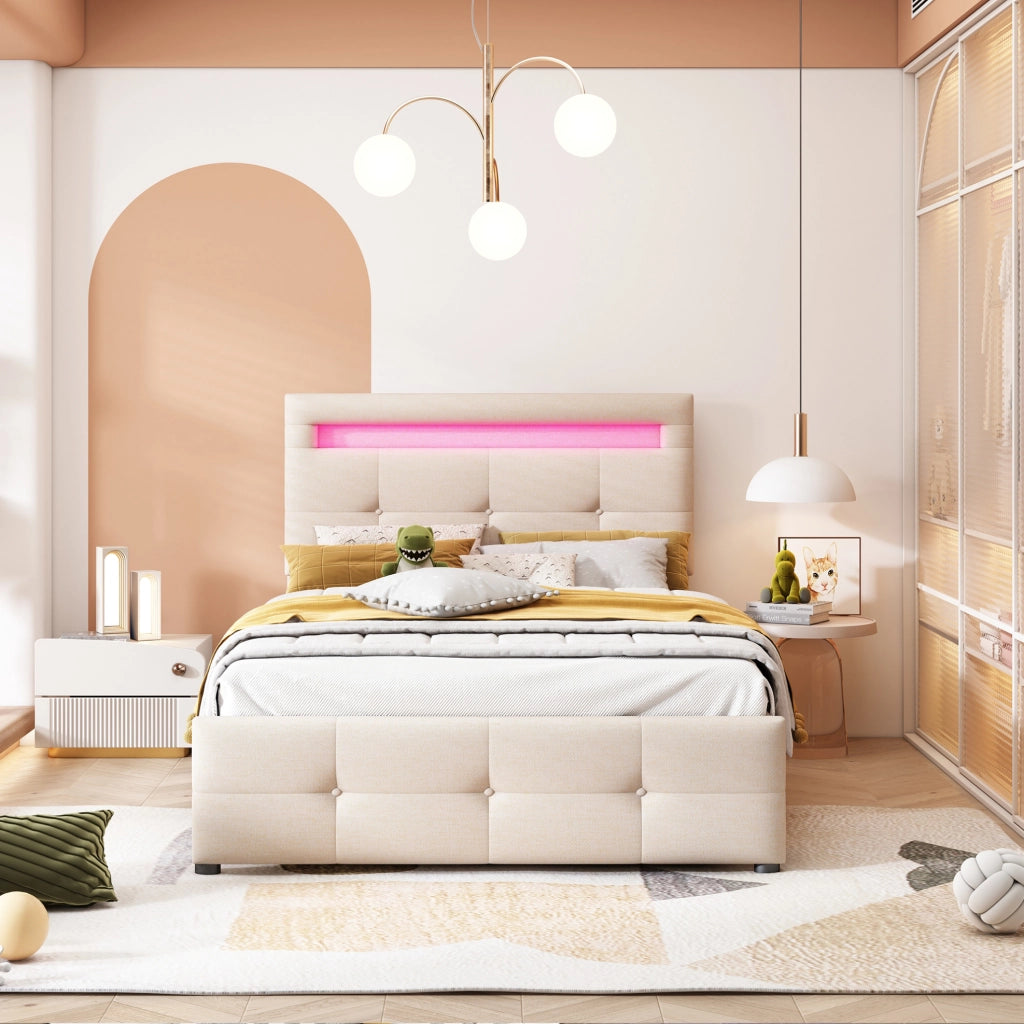 Letto imbottito 90x200 cm con LED; 2 cassetti; testiera regolabile; beige