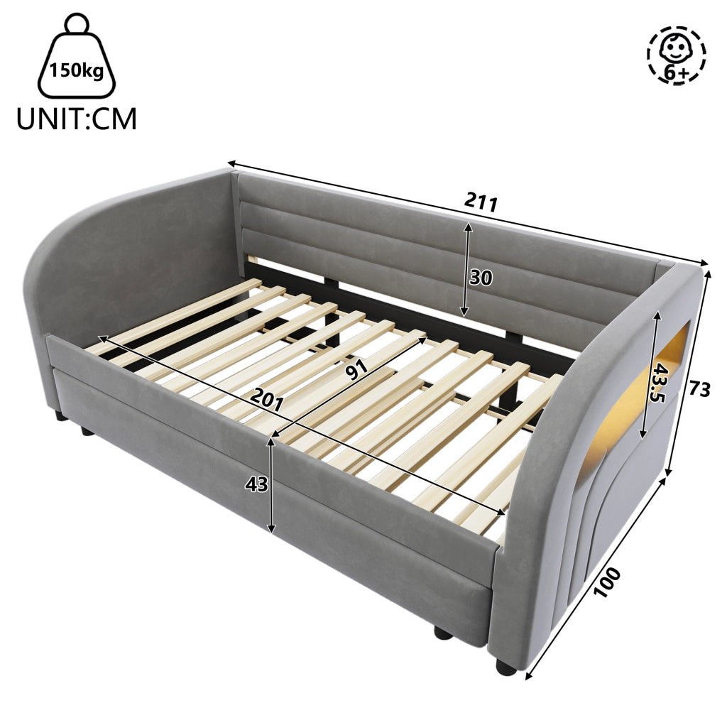 Letto piattaforma imbottito 90x200 cm con letto estraibile e illuminazione LED; grigio