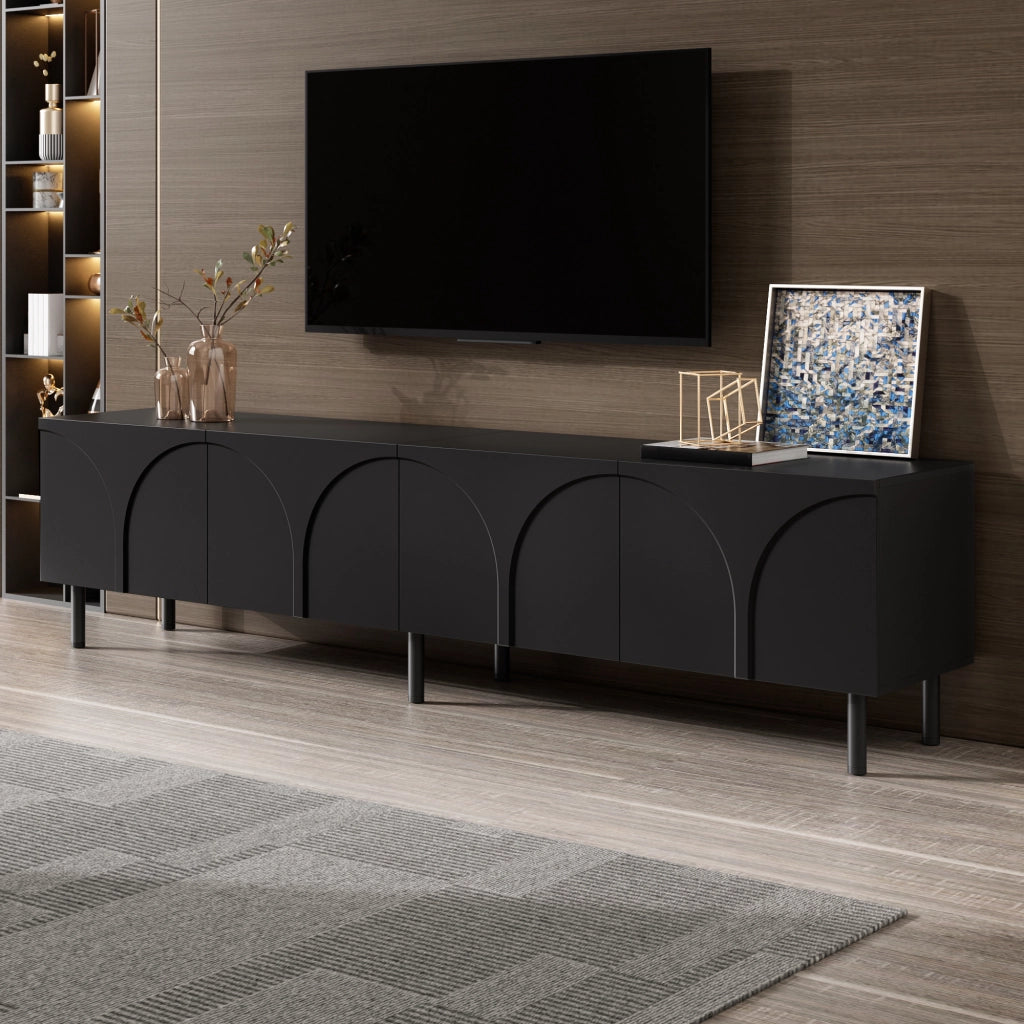 Mobile TV nero con 4 ante e linee tridimensionali; 180 x 35 x 49 cm in MDF e PB