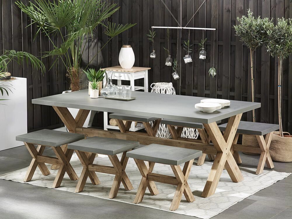Set da pranzo per esterni grigio chiaro in fibra di legno cemento per 6 persone tavolo e sgabelli dal design moderno