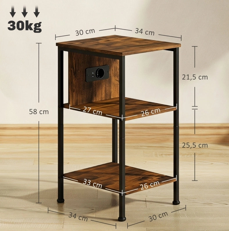 Tavolino laterale ULEVR 34x30x58 cm con presa, USB e Type-C, 2 ripiani aperti, marrone rustico