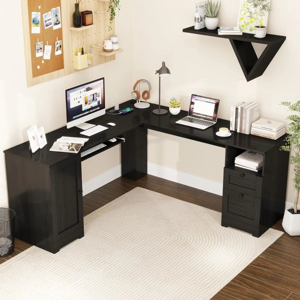 Scrivania a L per gaming lavoro e scrittura 168 x 168 x 76 cm, Scrivania angolare moderna con 2 prese Nero-Scrivanie