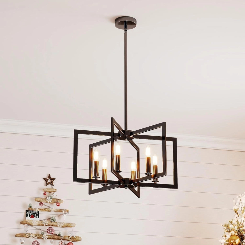 Lampadario a Sospensione a 6 Luci, Lampada a Sospensione Geometrica Moderna in Metallo Industriale con Altezza Regolabile, Lampada da Soffitto per Cucina, Salotto e Camera da Letto (Nero)
