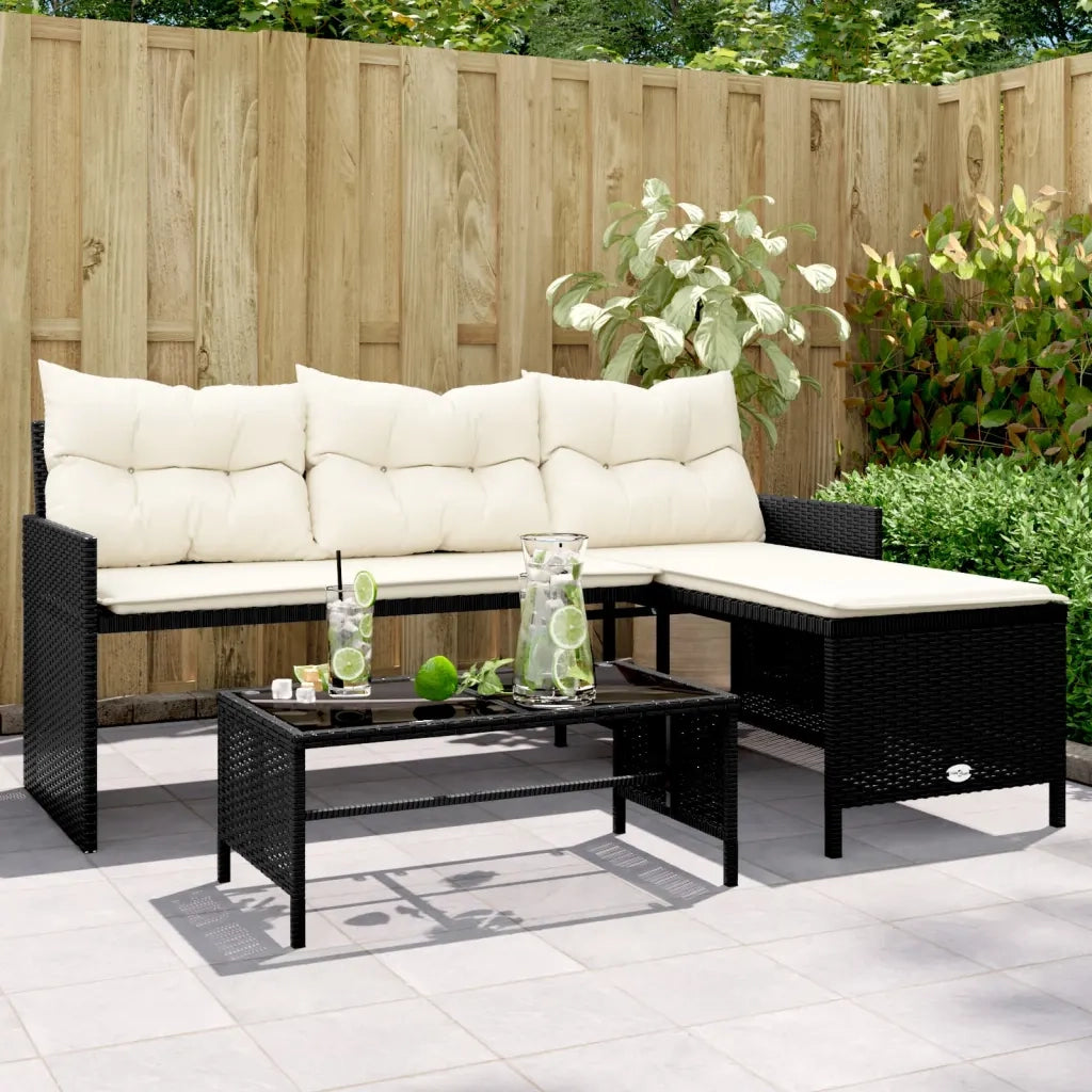Divano da Giardino con Tavolo e Cuscini a L-Sofa da Giardino-Divano da esterno Nero in Polyrattan 498630