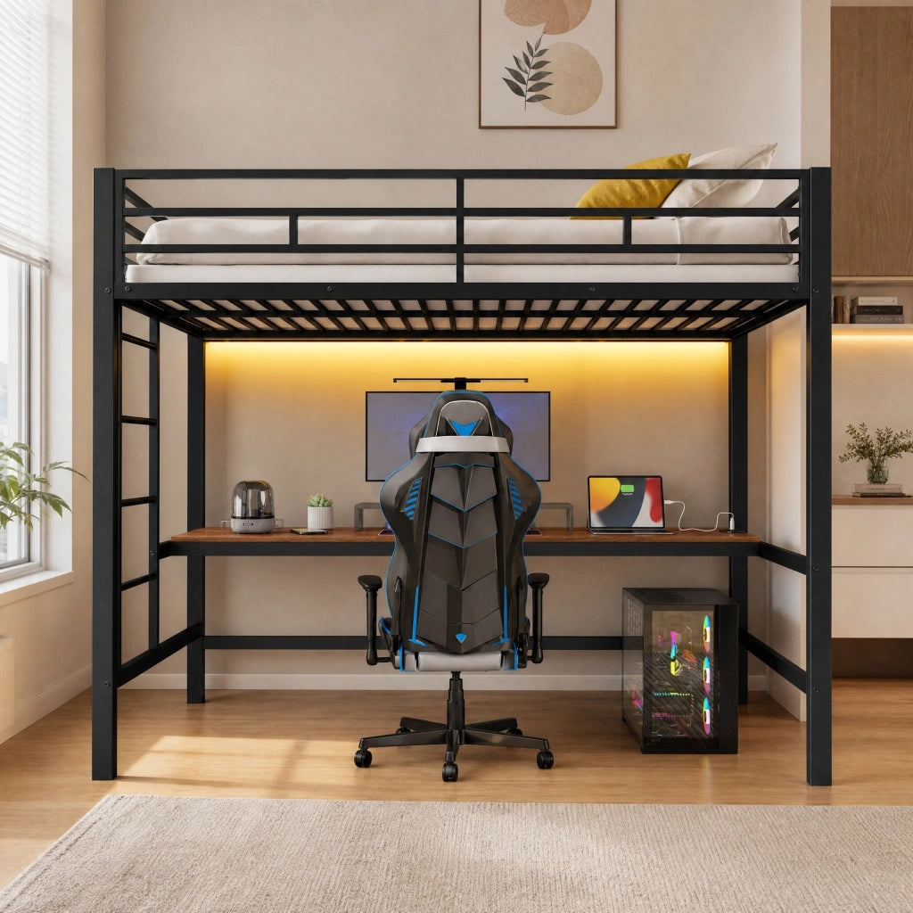 DESMIU Letto a soppalco 90 × 200 cm 1 posto con scrivania, USB, Tipo C e LED regolabile, senza materasso