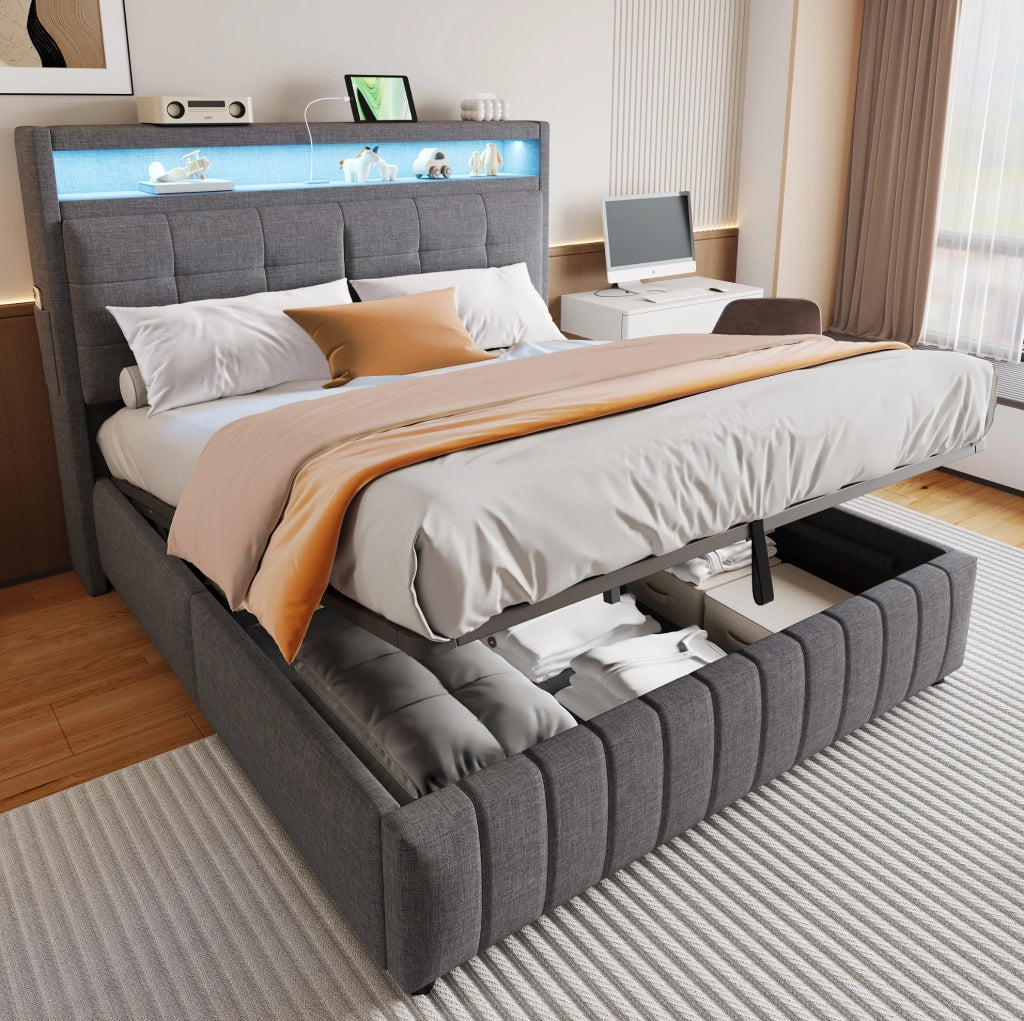 Letto matrimoniale imbottito 160x200 cm in tessuto effetto lino grigio con LED; USB e contenitore