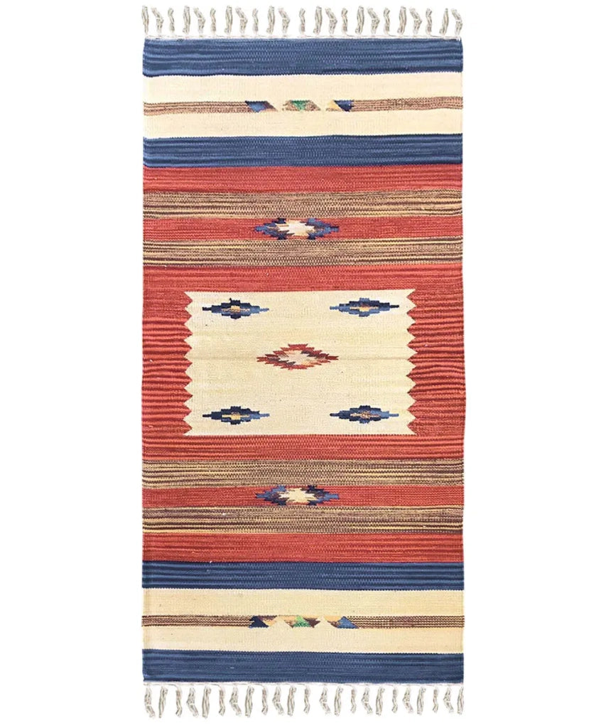Tappeto passatoia KELIM 02 disegni etnici orientali colori vivaci cm.40x60 tessuto e frangia 100% cotone, lavabile in lavatrice