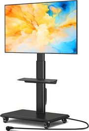 Supporto TV mobile con ruote per TV piatte curve da 32 a 55 pollici - supporto TV girevole con base in legno, regolabile in altezza con un piano, massimo VESA 400x400 mm fino a 35 kg