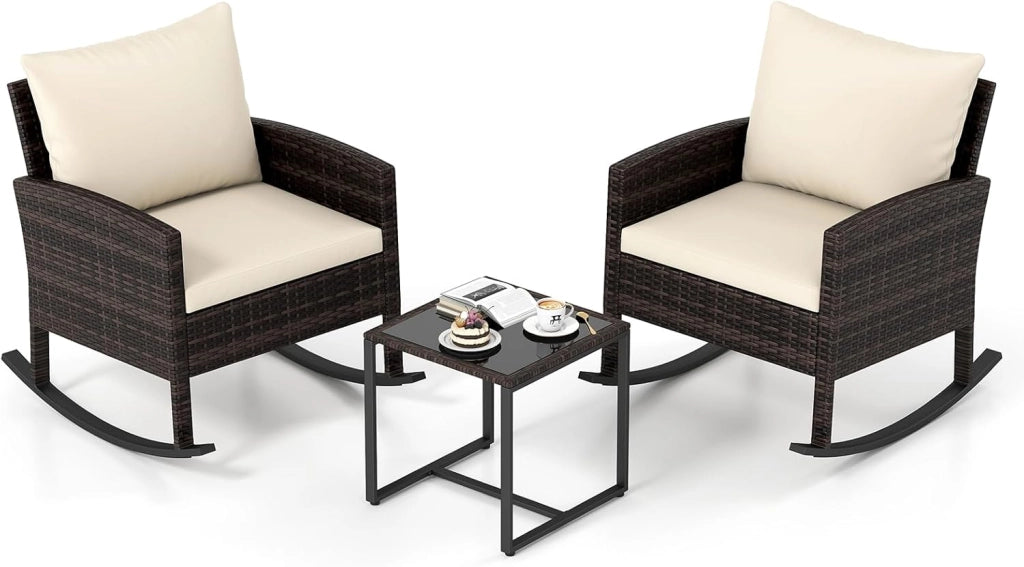 Set Salotto da Giardino in Rattan, Set Mobili da Eterno con 2 Poltrone a Dondolo, Tavolino in Vetro Temperato e Comodi Cuscini con Fodera Lavabile per Cortile e Balcone (Beige)
