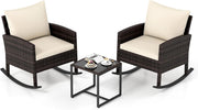 Set Salotto da Giardino in Rattan, Set Mobili da Eterno con 2 Poltrone a Dondolo, Tavolino in Vetro Temperato e Comodi Cuscini con Fodera Lavabile per Cortile e Balcone (Beige)