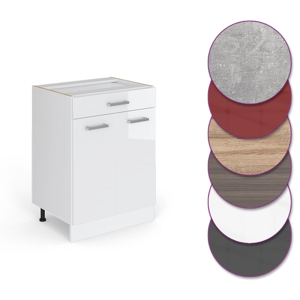 Mobiletto base per cucina R-Line Bianco lucido/Bianco 60 cm con cassetto, senza piano di lavoro Vicco