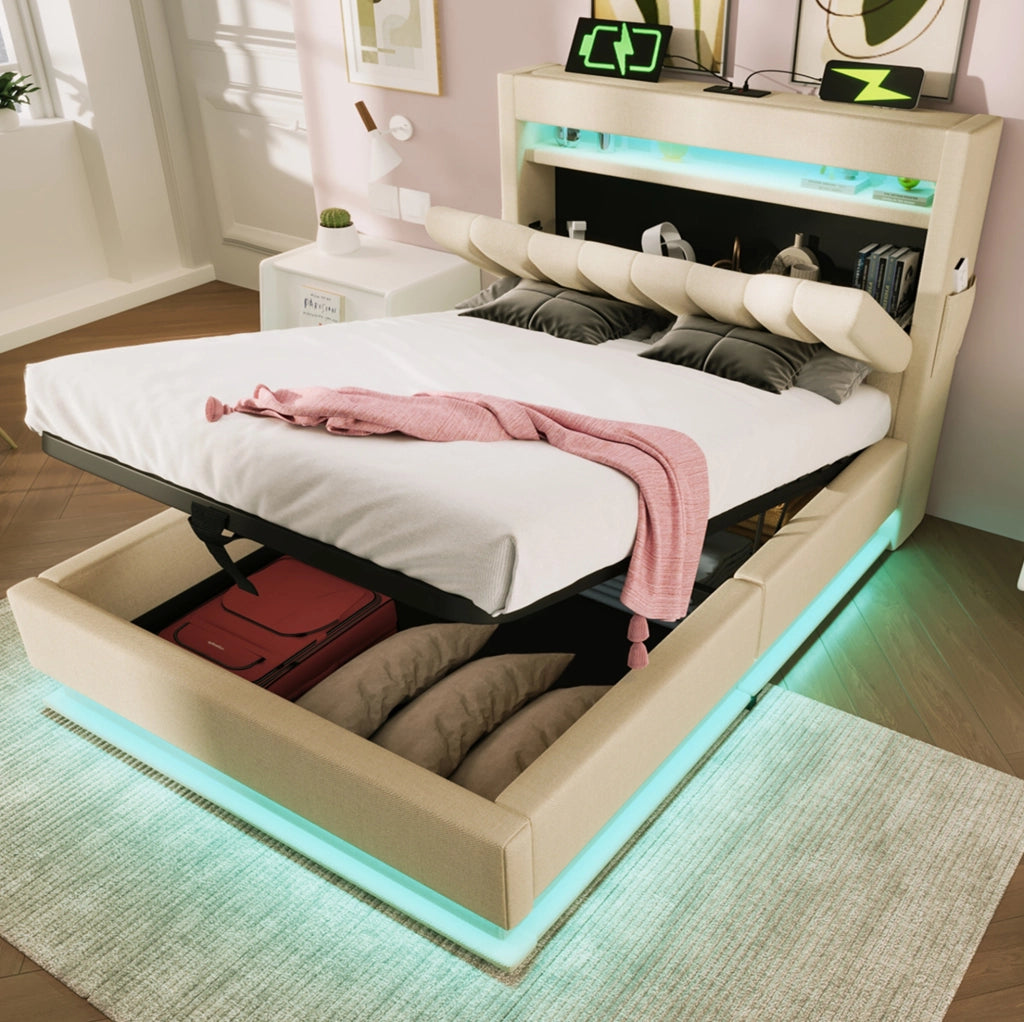 Letto singolo 90x200 cm in lino beige con LED; testiera con ricarica USB e Type-C; contenitore