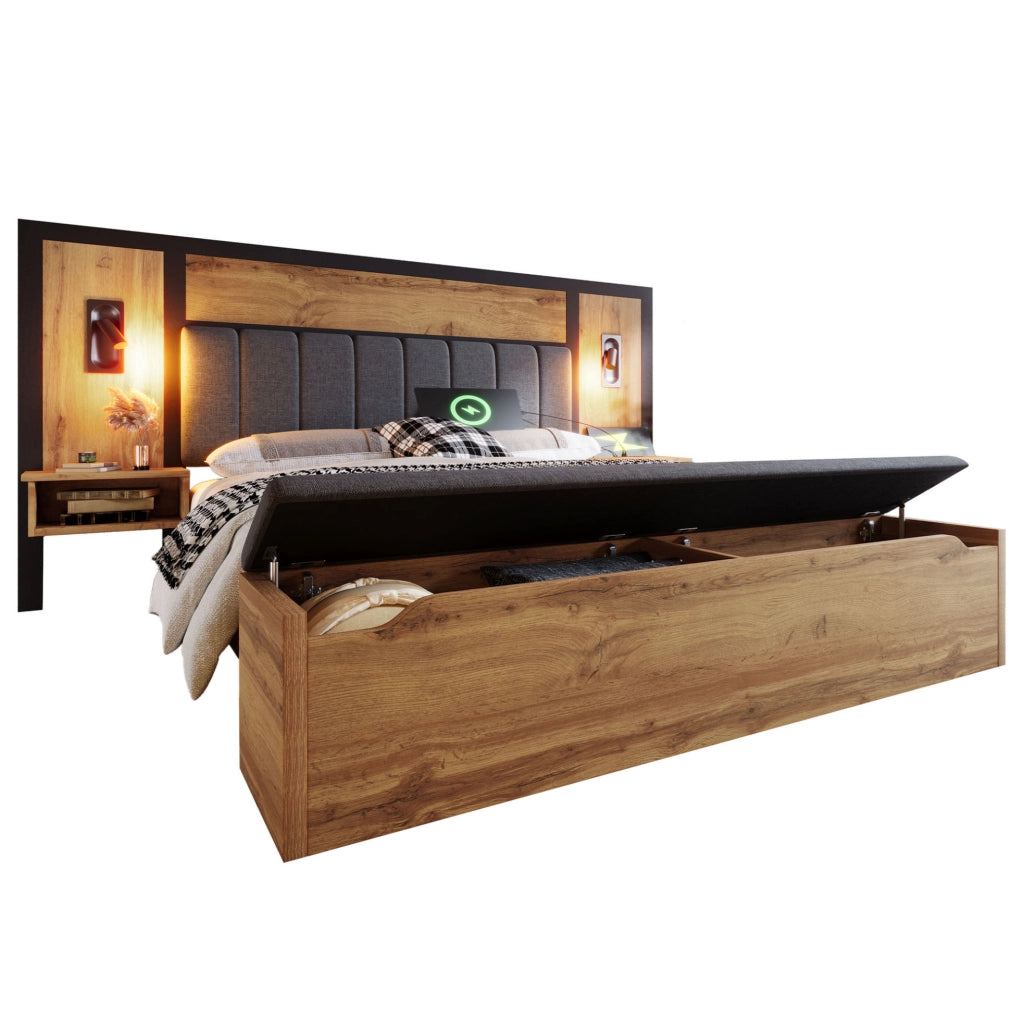 Letto matrimoniale 180x200 cm con luci da lettura; USB Type-C e panca contenitore; rovere