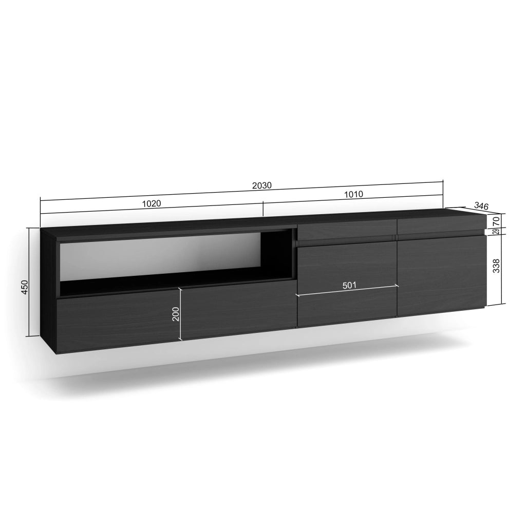 Mobile TV, 200x35x45cm, soggiorno, Per TV fino a 80", da appendere, Nero RF2180